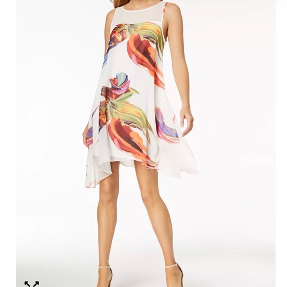 Signature by Robbie Bee White Sleeveless Floral Paint-Brush Print Chiffon Dress - Picture 2 of 10